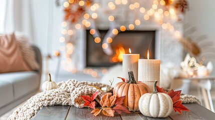 Canvas Print - A cozy autumn dining room with pumpkins 