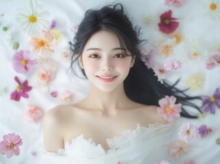 Sticker - Beautiful Japanese woman holding flowers in her hand, with colorful flowers floating around against a white background.