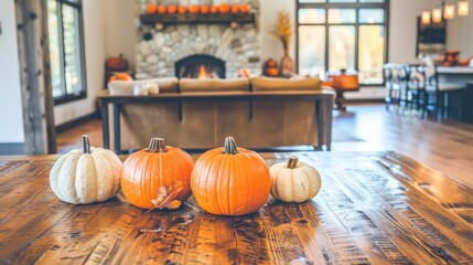 Poster - A cozy autumn dining room with pumpkins 