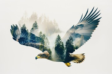 Wall Mural - Majestic eagle soaring with evergreen forest double exposure