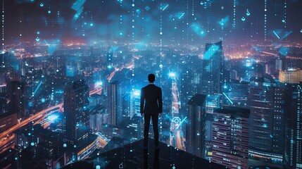 Wall Mural - Visionary businessman overlooking a futuristic digital network cityscape at night, symbolizing the new year 2025 with advanced technology and urban innovation