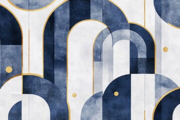 Canvas Print - Abstract geometric pattern with white and navy blue shapes, gold lines, dots, circles and arches on a textured paper background.