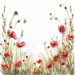 Wall Mural - Watercolor tall grass and red poppys on a white background