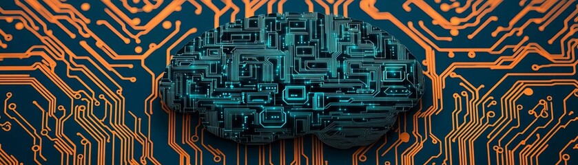 Artificial intelligence, brain with digital circuits, flat design illustration