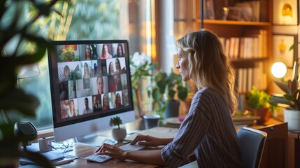 Remote hybrid work and telecommuting setup with businesswoman on laptop in a home office for virtual team collaboration and teleconference meeting with coworkers