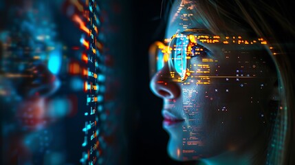 Wall Mural - woman's face is overlaid with digital code and a blurred background of glowing data. this visually r