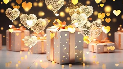 Sticker - White and pink gift boxes with flying golden hearts, festive background.