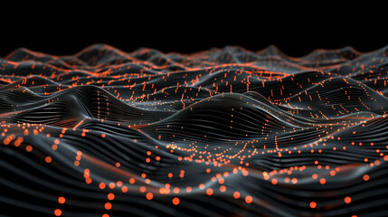 Aufkleber - Abstract digital landscape with orange glowing dots on wavy lines against a black background, representing AI technology and futuristic innovation. Ideal for modern tech themes, highlighting connectiv