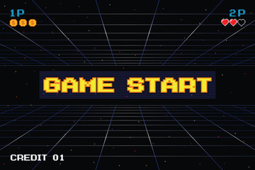 GAME START. pixel art .8 bit game. retro game. for game assets in vector illustrations. arcade gaming. 