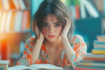 Wall Mural - Young Woman with Blue Eyes Feeling Overwhelmed by Books