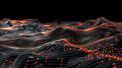 Aufkleber - Abstract digital landscape with orange glowing dots on wavy lines against a black background, representing AI technology and futuristic innovation. Ideal for modern tech themes, highlighting connectiv
