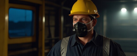 Wall Mural - A coal mine worker in coveralls and hard hat, putting on a face mask after a long day on site, heavy machinery working under mine, it is dark outside