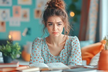 Wall Mural - Young Woman with a Frowning Expression Studying at a Desk