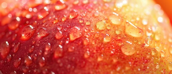 Wall Mural - Fresh peach with water droplets, close-up shot.