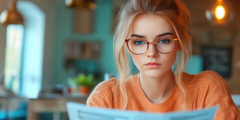 Wall Mural - Young Woman with Glasses Looking at a Book in a Cafe