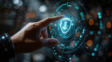 Wall Mural - cyber security,  A close-up of a human hand actively interacting with a floating tech-security holographic icon that features a shield design. The setting is a modern office space,