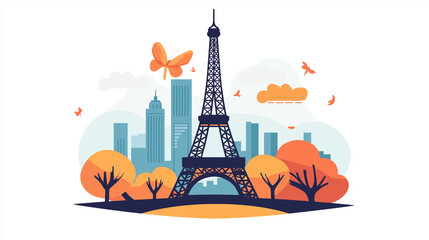 eiffel tower city illustration, flat design, illustration of the eiffel tower, France paris, landmark, tourist attraction