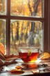 © Obsidian - Cup of hot steamy tea with mint on the windowsill in autumn