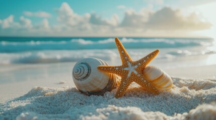 Poster - Seashells and Starfish on a Sandy Beach