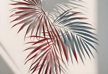 A close-up of two palm leaves with red and blue hues against a white background.