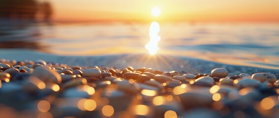 Sticker - Golden Sunset Over Pebble Beach With Gentle Waves