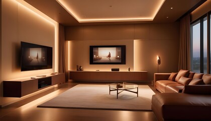 Wall Mural - A modern living room interior with a brown leather sofa, a glass coffee table, and accent lighting, creating a warm and inviting atmosphere.