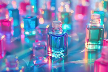 Perfume bottle on the colorful rainbow holographic background. Close-up.