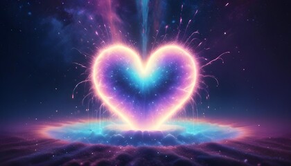 Abstract image of a glowing heart shape surrounded by sparks and a cosmic nebula background.