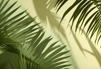 Wall Mural - Close-up image of a palm leaf with its long, green fronds against a light green background. Sunlight shines through the leaf, casting shadows.