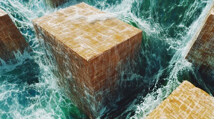 Wall Mural - Wooden blocks submerged in a turbulent stream of water.