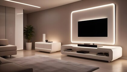 Wall Mural - A modern living room interior with a white sofa, a TV, a plant, a cabinet, and accent lighting. The room has warm ambient lighting.