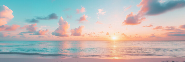 Wall Mural - beautiful sunset on the beach with a beautiful sky and clouds. romantic summer background. view from