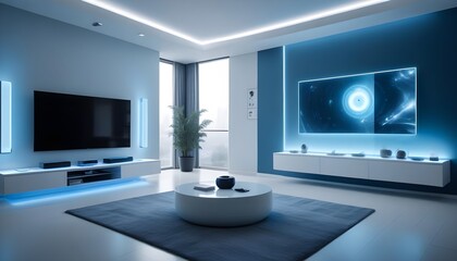 Wall Mural - A modern living room with a large TV, a white coffee table, and a blue wall. The room is illuminated by blue LED strips and spotlights, creating a futuristic and stylish atmosphere.