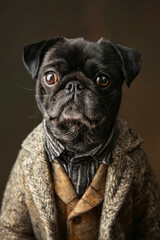 Poster - A black pug dog wearing a coat and tie