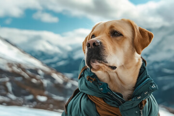 Canvas Print - A dog wearing a green jacket standing in the snow