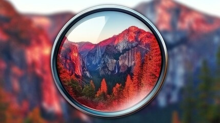 Sticker - A view of a mountainous landscape through a circular lens.