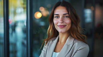 Confident and successful businesswoman smiling in a professional office setting, portraying leadership and achievement in a modern corporate environment