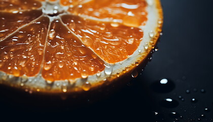 an orange with water droplets on a surface. Generative ai