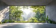 © Anupam - 3d render of empty concrete room with large window on nature background, Generative AI