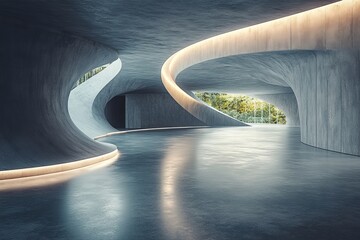 Wall Mural - 3d render of abstract futuristic architecture with empty concrete floor. Scene for car presentation, Generative AI