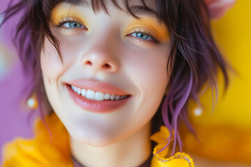 Poster - A close up of a woman with purple hair and blue eyes.