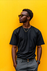 Sticker - A man wearing a black shirt and sunglasses standing in front of a yellow wall