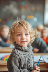 Sticker - A little boy sitting at a desk with a pencil in his hand.