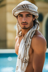 Poster - A shirtless man wearing a towel around his head by a swimming pool.