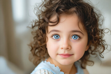 Sticker - A little girl with curly hair and blue eyes.