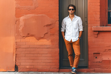 Sticker - A man standing in front of a brick wall wearing a white shirt and orange pants