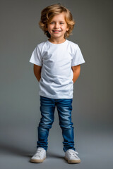 Sticker - A young boy in a white t-shirt and blue jeans posing for a picture