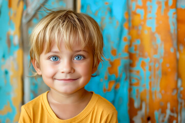 Canvas Print - A little boy with blue eyes standing in front of a blue and orange wall.