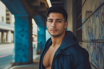 Canvas Print - A shirtless man in a blue jacket standing in front of a graffiti covered wall.