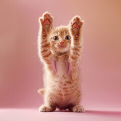 Sticker - Medium shot of A cute kitten standing on its hind legs, with paws raised, with soft 